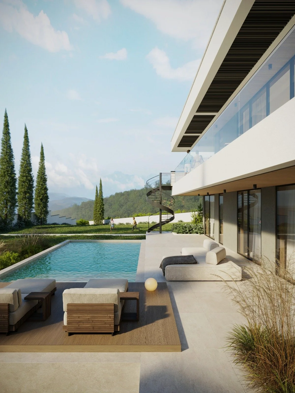 Pool terrace below a cantilevered white villa, cypress trees and hills beyond