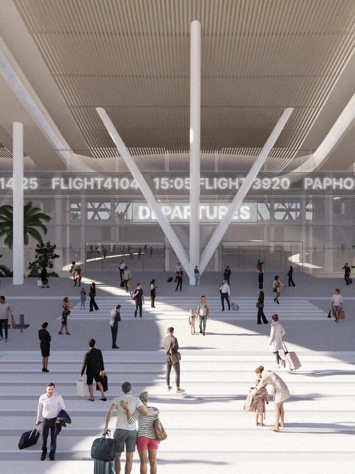 Airport forecourt with a canopy on branching white columns