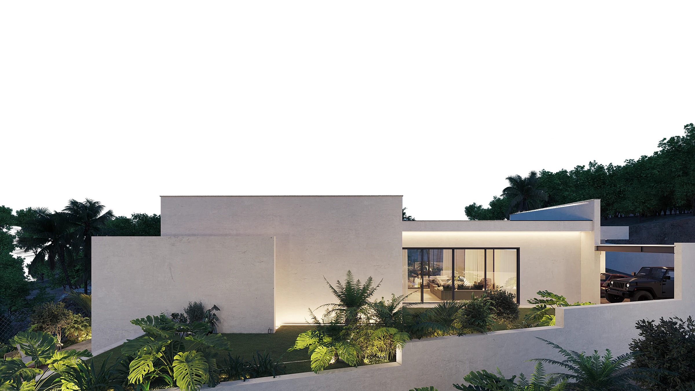 Single-storey white villa at dusk, its living room lit behind full-height glazing