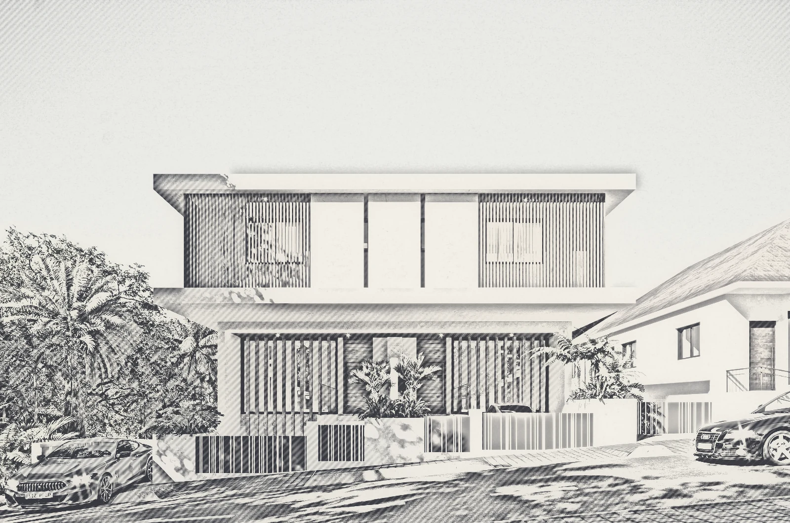 Pencil sketch of a two-storey villa with slatted timber screens