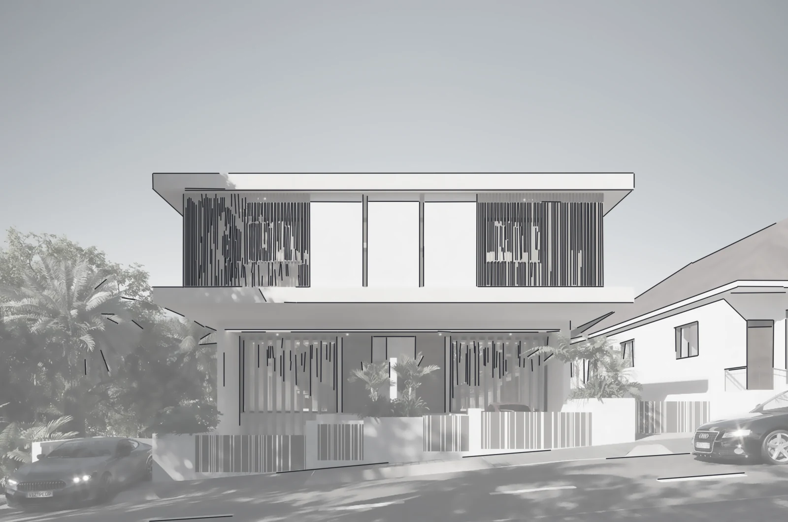The same villa as a toned, inked elevation drawing