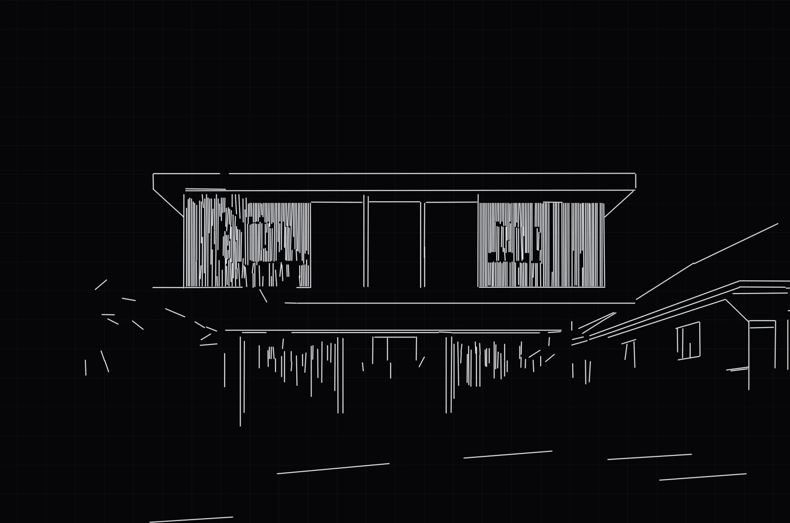 The same villa as white CAD linework on a black drawing grid