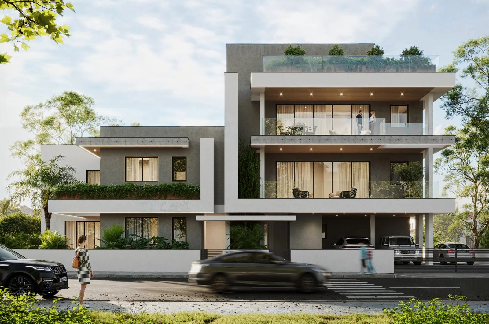 Apartment building in daylight with deep balconies and a planted podium